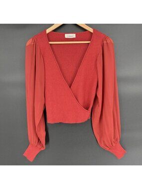 Urban Outfitters Womens Cropped Ribbed Knit Wrap Top M Red Sheer Balloon Sleeves